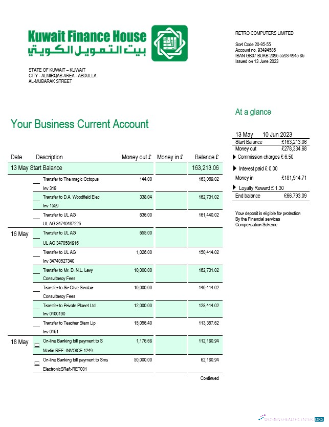 Download Kuwait Finance House Bank firm account statement Word and PDF template Photoshop template
